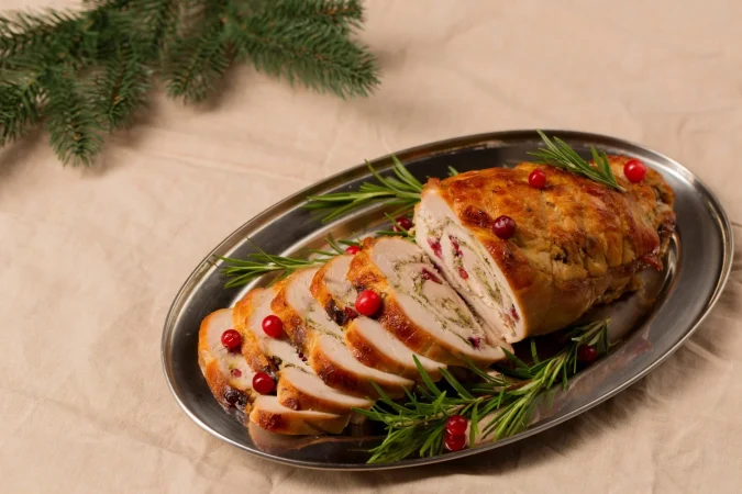 rolo de navidad de filete de pavo relleno de hongos y queso con arandanos y romero Merca2.es