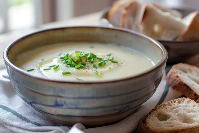 sopa de pure y patatas frias vichyssoise con un lado de pan crujiente colocada en un mostrador de cocina brillante y aireado con un costado de pan crustoso Merca2.es