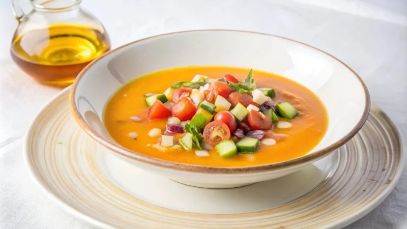 un plato de sopa de gazpacho con verduras frescas y un poco de aceite de oliva Merca2.es