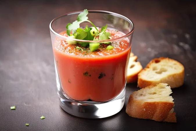 vaso de gazpacho frio cubierto con aceitunas y rebanada de pan crujiente Merca2.es