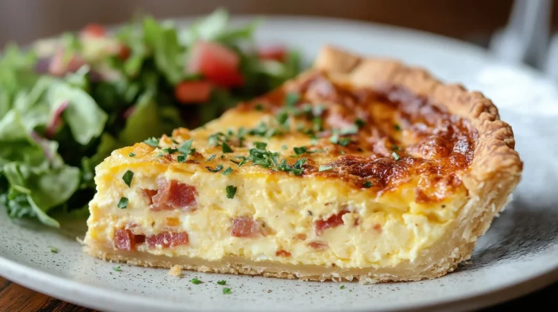 Te enseñamos a preparar una deliciosa quiche Lorraine, un clásico de la cocina francesa 1 Merca2.es 6 un primer plano de una rebanada de quiche lorraine con una corteza de escamas doradas y un rico relleno cremoso de huevos tocino y queso servido con una ensalada de verduras mixtas 1 Merca2.es
