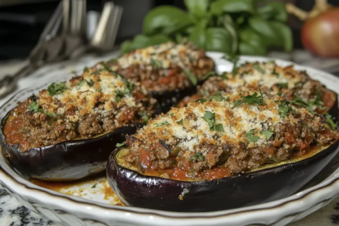 Así se preparan unas deliciosas berenjenas rellenas de carne al horno 1 Merca2.es berenjena al horno rellena con carne molida salsa de tomate y queso Merca2.es