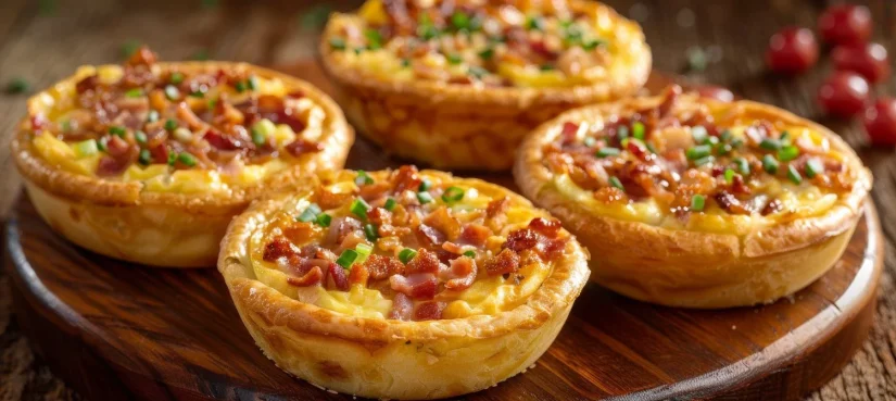 deliciosos mini quiches con tocino y queso adornados con hierbas frescas en una tabla de madera rustica Merca2.es
