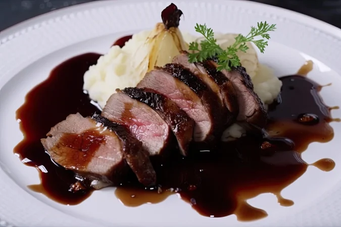 filete de pato glaseado con pure de patatas y salsa servido en un elegante plato de restaurante ai generativo 1 Merca2.es