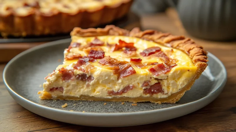 plato de quiche frances de lorena con corteza escamosa llena de crema y queso de tocino servido en frances Merca2.es