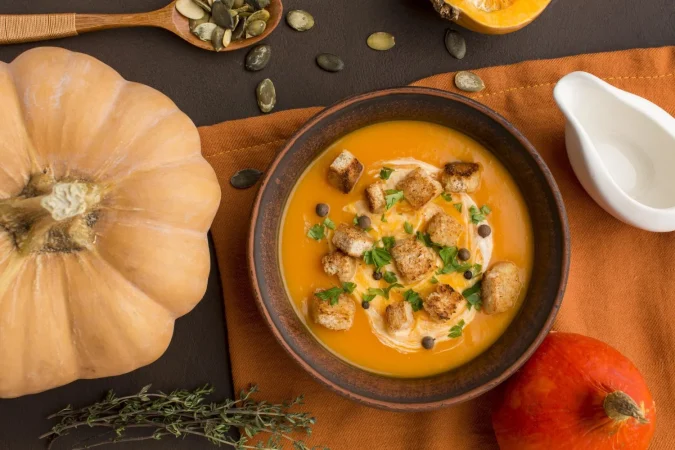 sentar planas de sopa de calabaza de invierno en un tazon con crutones Merca2.es