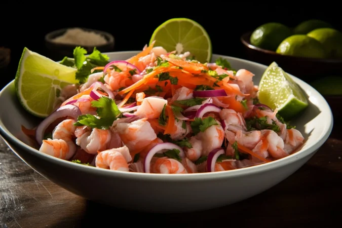 una toma vibrante de un tazon de ceviche recien hecho con cunas de lima Merca2.es