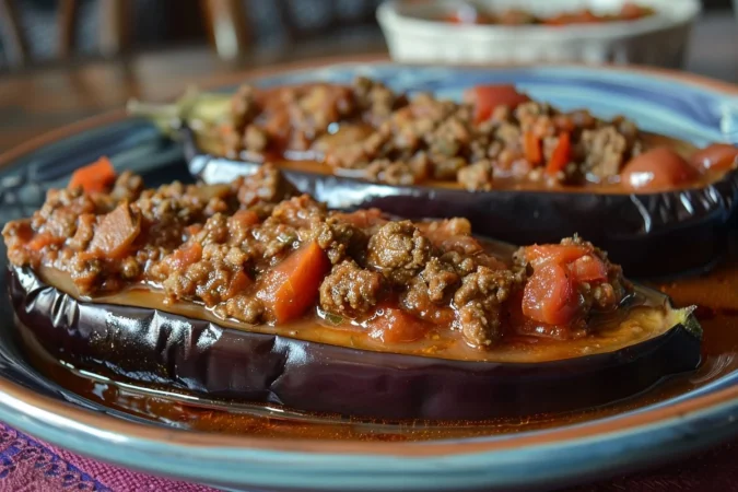 Así se preparan unas deliciosas berenjenas rellenas de carne al horno 2 Merca2.es vista lateral dolma relleno de berenjena tomate pimienta con carne molida y albahaca en un plato Merca2.es