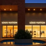 Acciones lujo Louis Vuitton fachada tienda iluminada