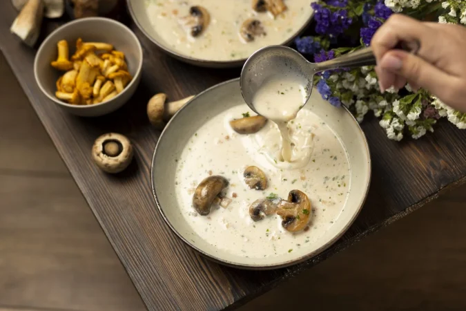 comida de alto angulo y flores en la mesa Merca2.es