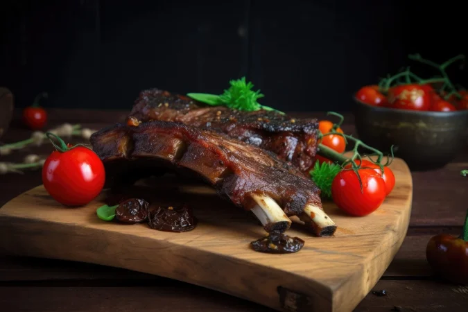costillas la parrilla calientes con salsa de barbacoa en tabla de cortar y fondo negro ai generativo Merca2.es
