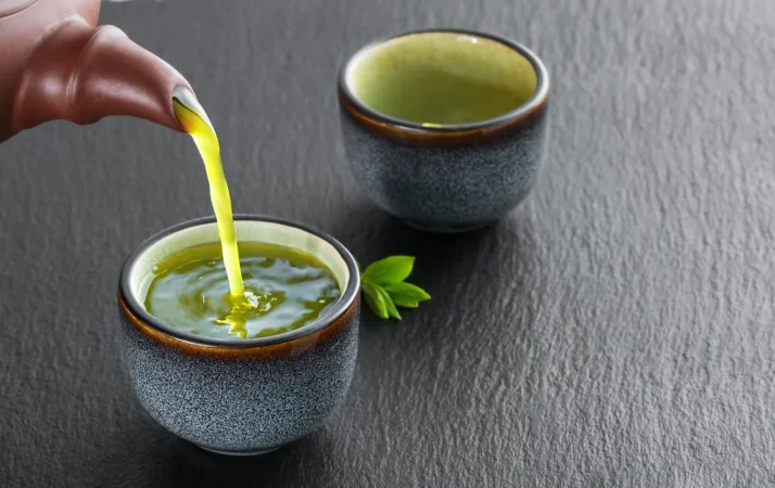 Cómo preparar té matcha en casa y los beneficios que aporta a tu salud 5 Merca2.es se vierte te verde caliente de la tetera en el tazon azul Merca2.es
