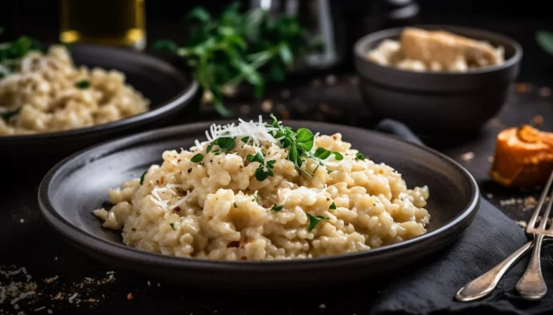 comida saludable de risotto en una mesa rustica de madera generada por ia Merca2.es