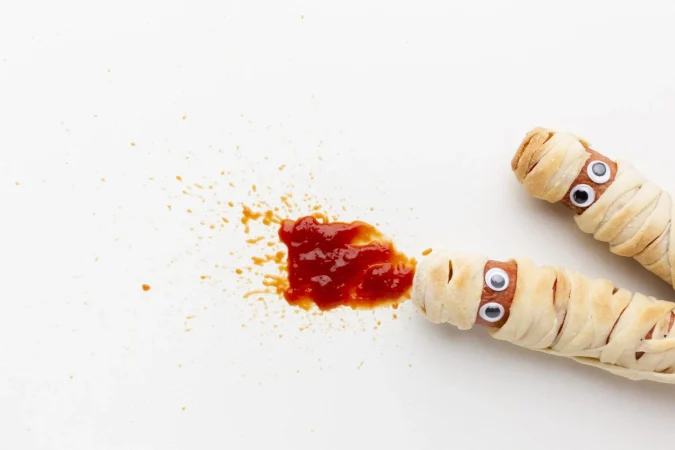 Salchichas momia para niños en Halloween, el bocado más divertido y crujiente de la noche más terrorífica 1 Merca2.es vista superior de comida de halloween con espacio de copia Merca2.es