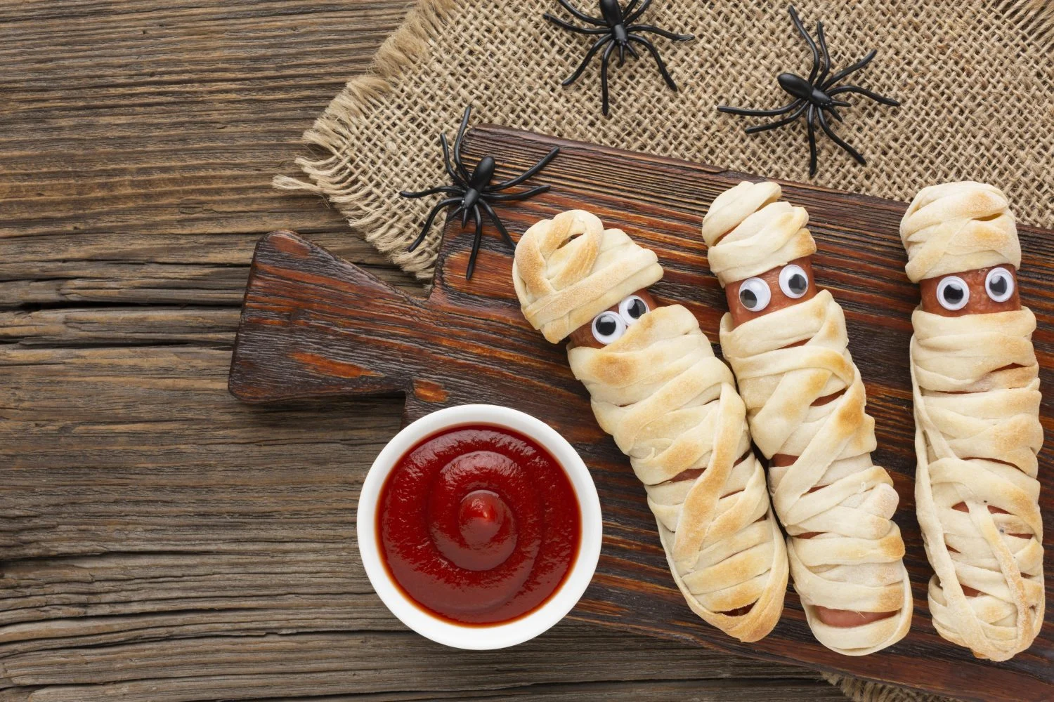 vista-superior-de-comida-de-halloween-con-salsa Salchichas momia
