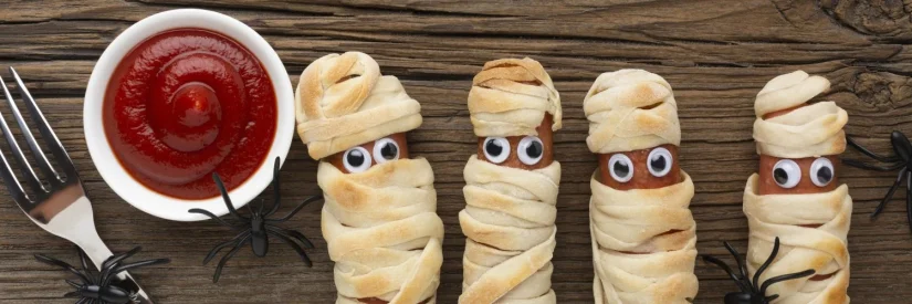Salchichas momia para niños en Halloween, el bocado más divertido y crujiente de la noche más terrorífica 2 Merca2.es vista superior espeluznante comida de halloween con salsa de tomate Merca2.es