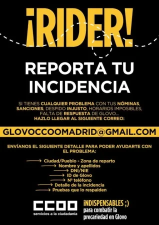 Mensaje de CC.OO para los rider de Glovo