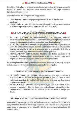 Mensaje de solidaridad a los riders de Glovo