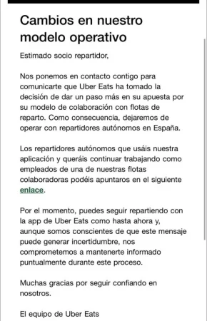 Comunicado de Uber Eats a los riders