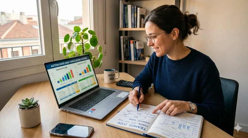 Autónomo consultando tramos cuota 2026 en ordenador y libreta