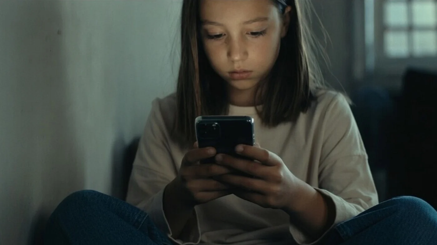 Niña con un teléfono móvil. Fuente: Quirónsalud