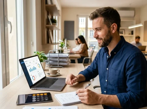 autonomo-calculo-cuota-deducciones Autónomo revisando finanzas en portátil, optimizando cuota y deducciones