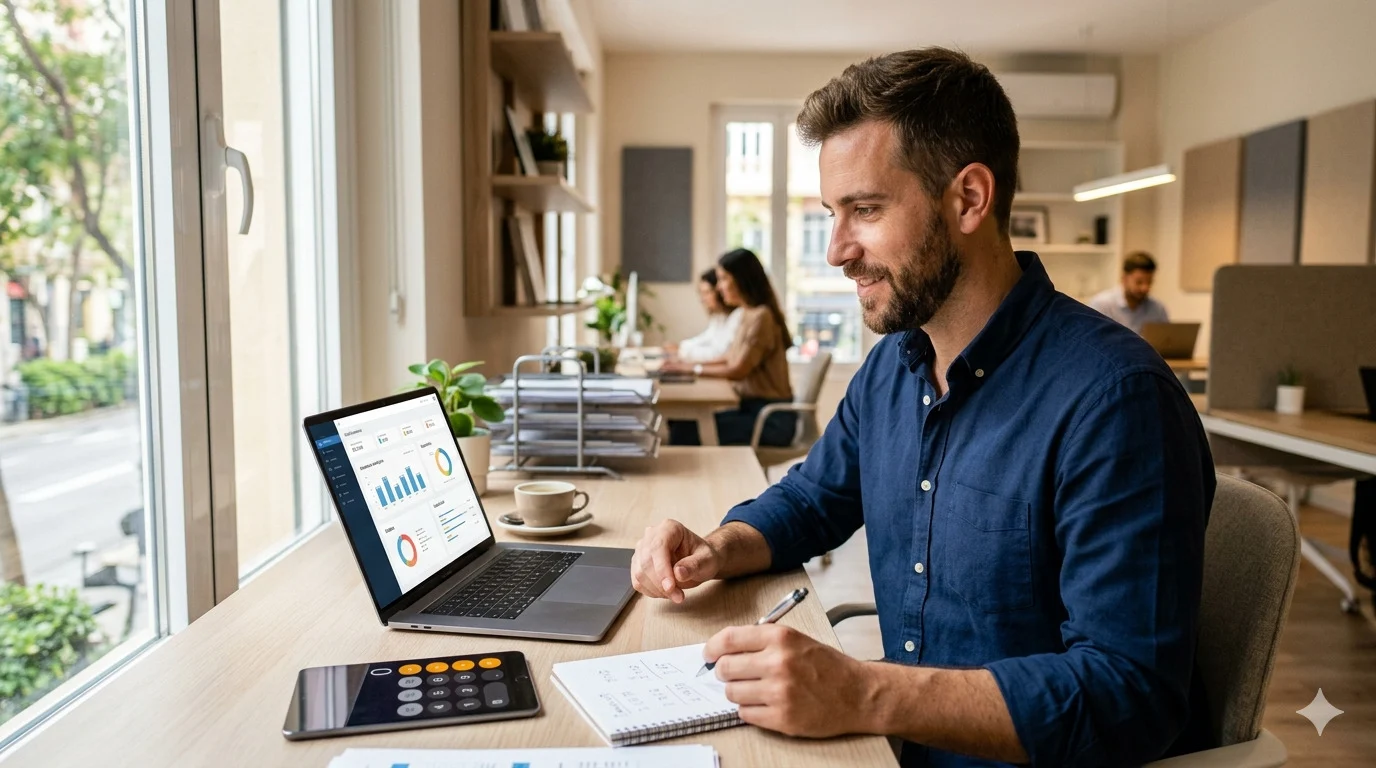 autonomo-calculo-cuota-deducciones Autónomo revisando finanzas en portátil, optimizando cuota y deducciones