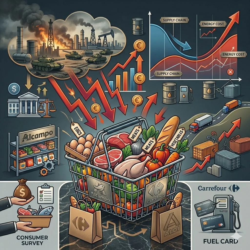 El conflicto en Irán golpea los lineales de Alcampo, Carrefour y Aldi.