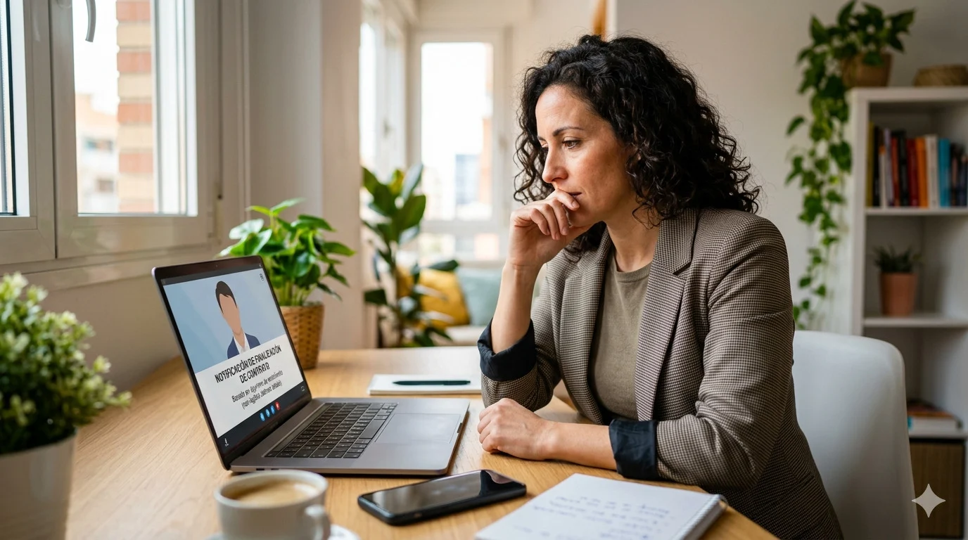 despido-ia-trabajadora-analisis-legal Trabajadora reflexiva teletrabajando en casa, dilema laboral despido por IA