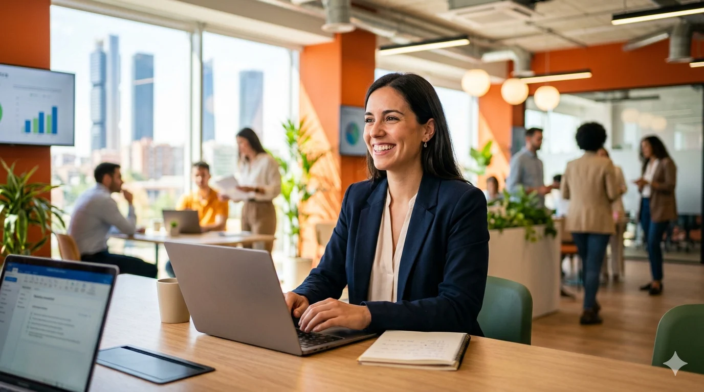 empleos-españa-oficina-moderna Profesional sonriendo en oficina moderna, empleos España