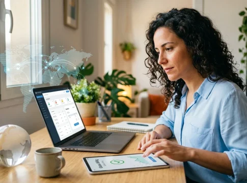 facturar-extranjero-autonomo-fiscalidad-global Mujer autónoma facturando al extranjero con portátil y tablet, control fiscal