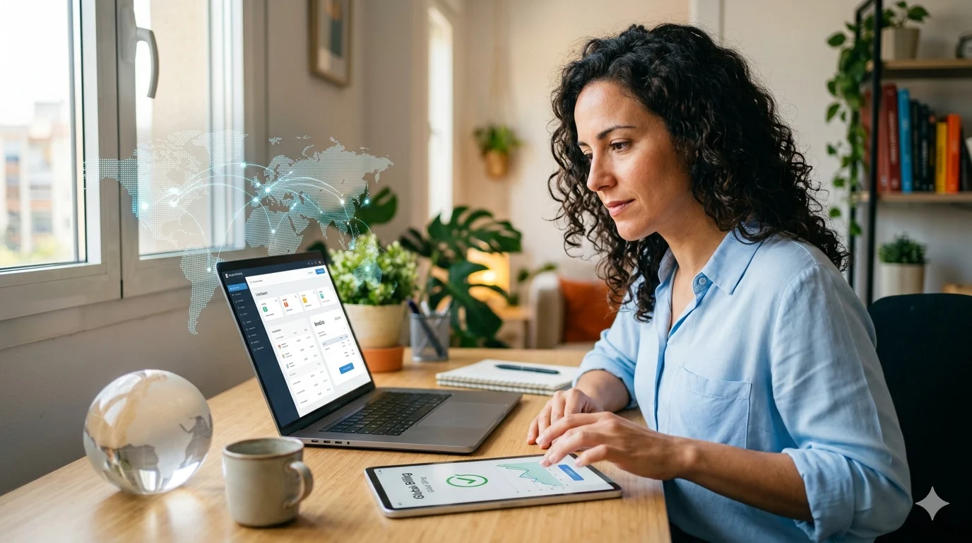 facturar-extranjero-autonomo-fiscalidad-global Mujer autónoma facturando al extranjero con portátil y tablet, control fiscal