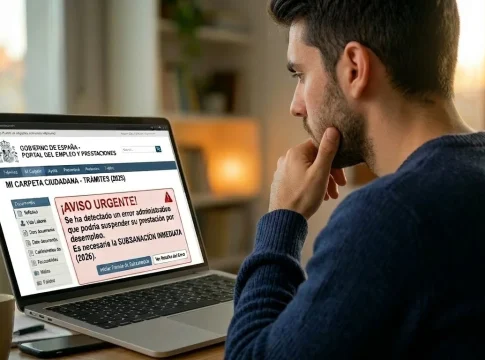 hombre-mirando-ordenador-SEPE Hombre preocupado mira ordenador con alerta urgente del SEPE