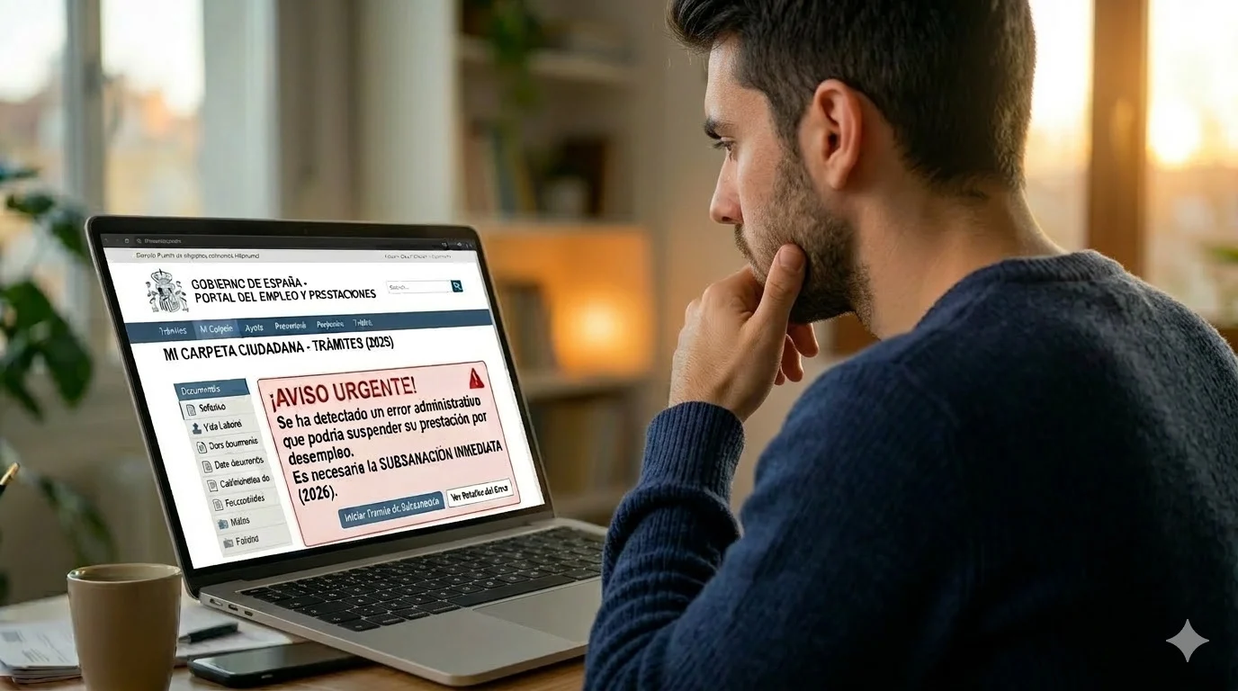 hombre-mirando-ordenador-SEPE Hombre preocupado mira ordenador con alerta urgente del SEPE