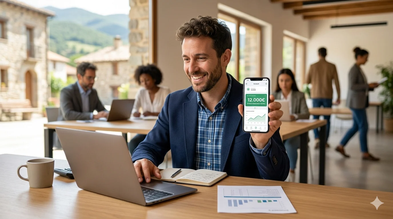 mudanza-pueblo-autonomos-coworking-rural Autónomo sonriendo en coworking rural con ayuda mudanza pueblo