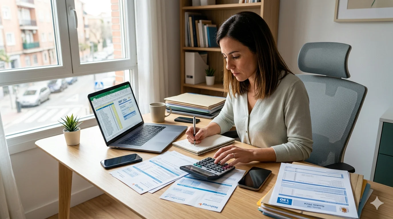 Autónomo calculando deducción de facturas de luz y agua