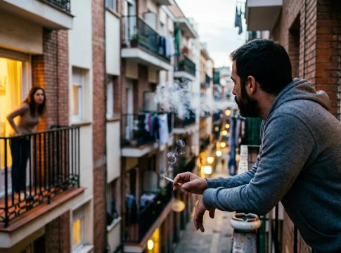 denuncia-fumar-balcon Hombre fumando en balcón frente a vecina molesta