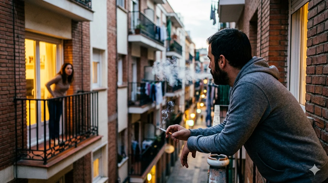 denuncia-fumar-balcon Hombre fumando en balcón frente a vecina molesta