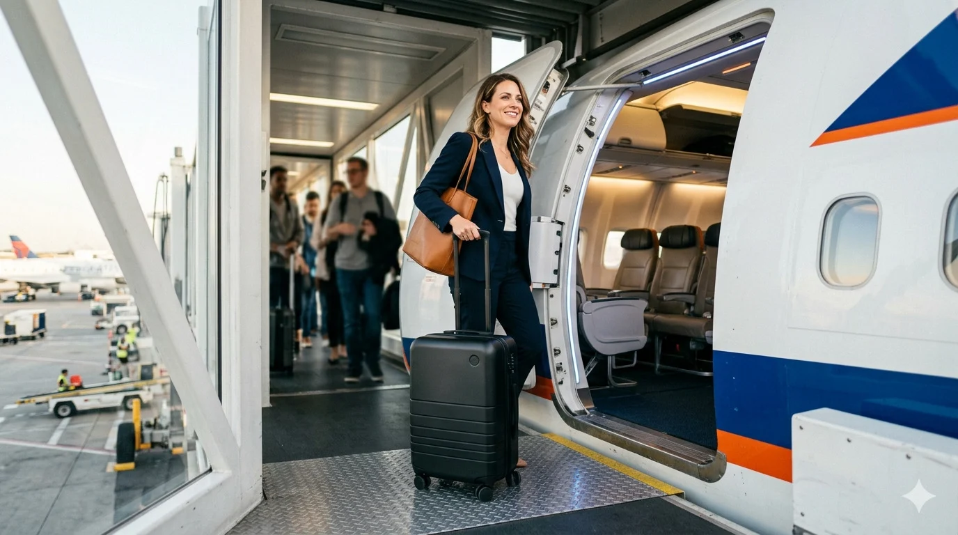 equipaje-mano-viajera-avion Equipaje de mano de viajera entrando a un avión