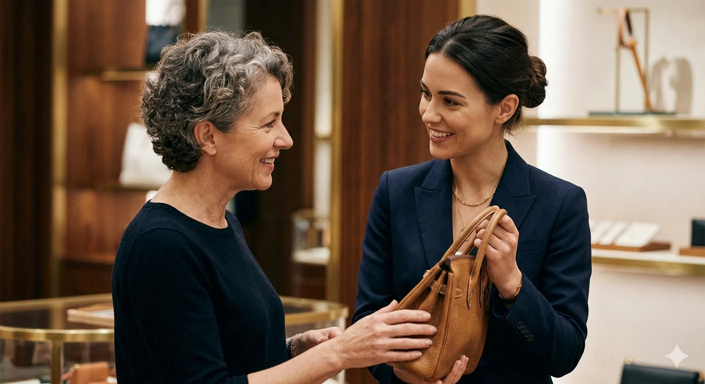 Asesora de ventas premium atiende a clienta boutique lujo