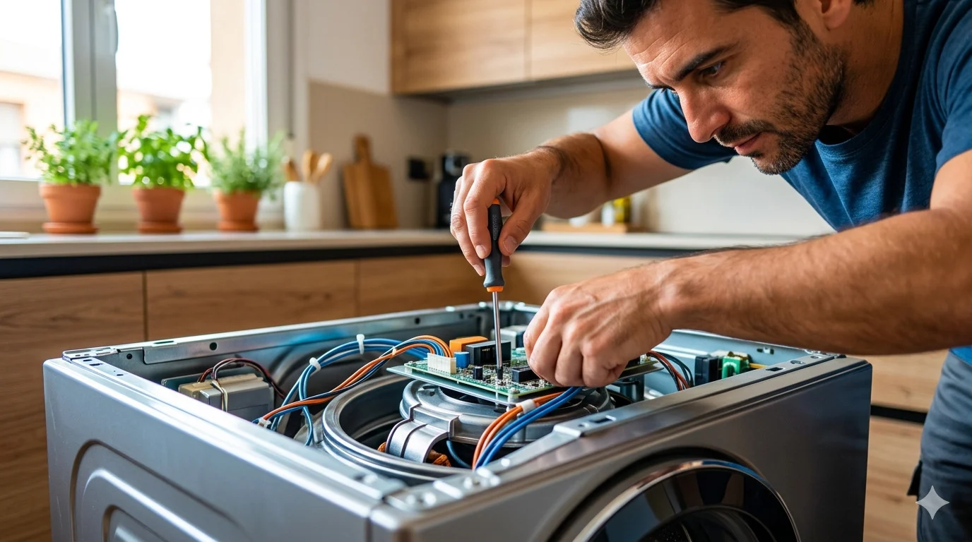Técnico reparando electrodoméstico moderno por nueva ley garantías España