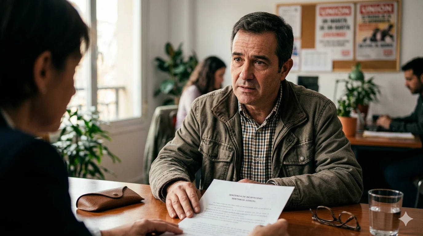 infarto-no-apto-despido-justicia Hombre con expresión de preocupación tras infarto revisando documento de despido judicial