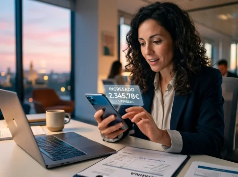 nominas-impuntuales-interes-ley Nóminas impuntuales, trabajadora revisando intereses bancarios en móvil