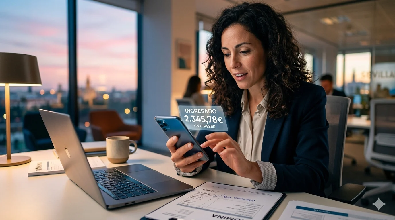 nominas-impuntuales-interes-ley Nóminas impuntuales, trabajadora revisando intereses bancarios en móvil