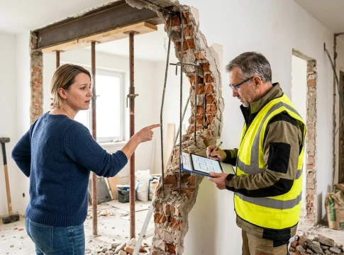 Obras ilegales en casa con muro de carga derribado.