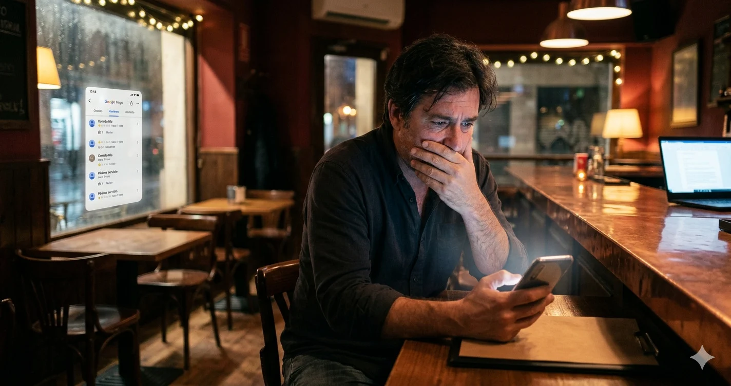 Hostelero preocupado mirando reseñas negativas de Google Maps en móvil