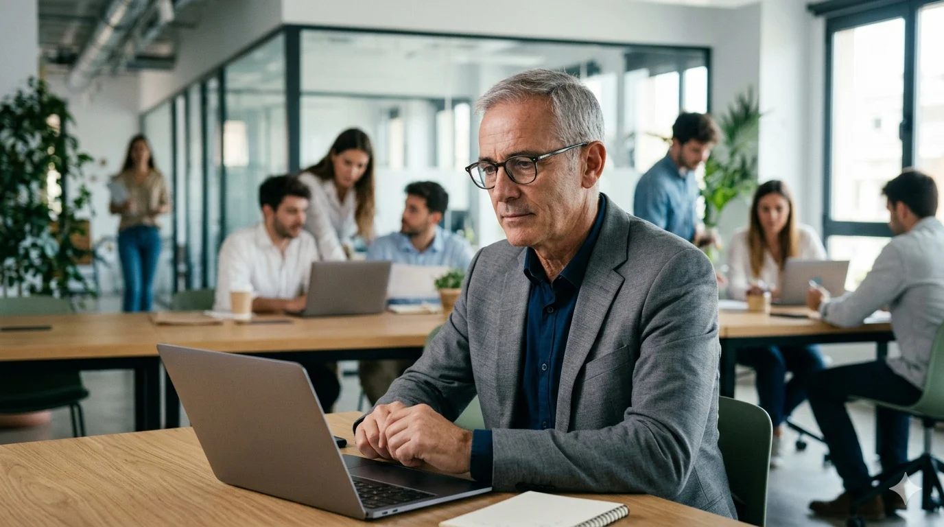 Talento sénior en oficina trabajando frente a equipo joven