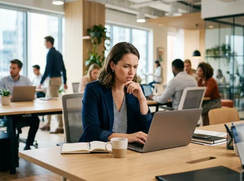 trabajo-presencial-oficina-moderna Trabajo presencial en oficina moderna con empleada concentrada