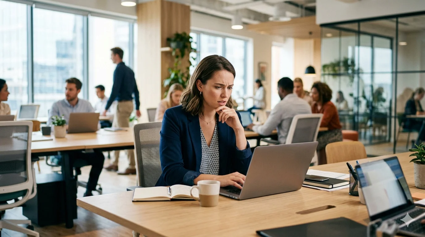 trabajo-presencial-oficina-moderna Trabajo presencial en oficina moderna con empleada concentrada