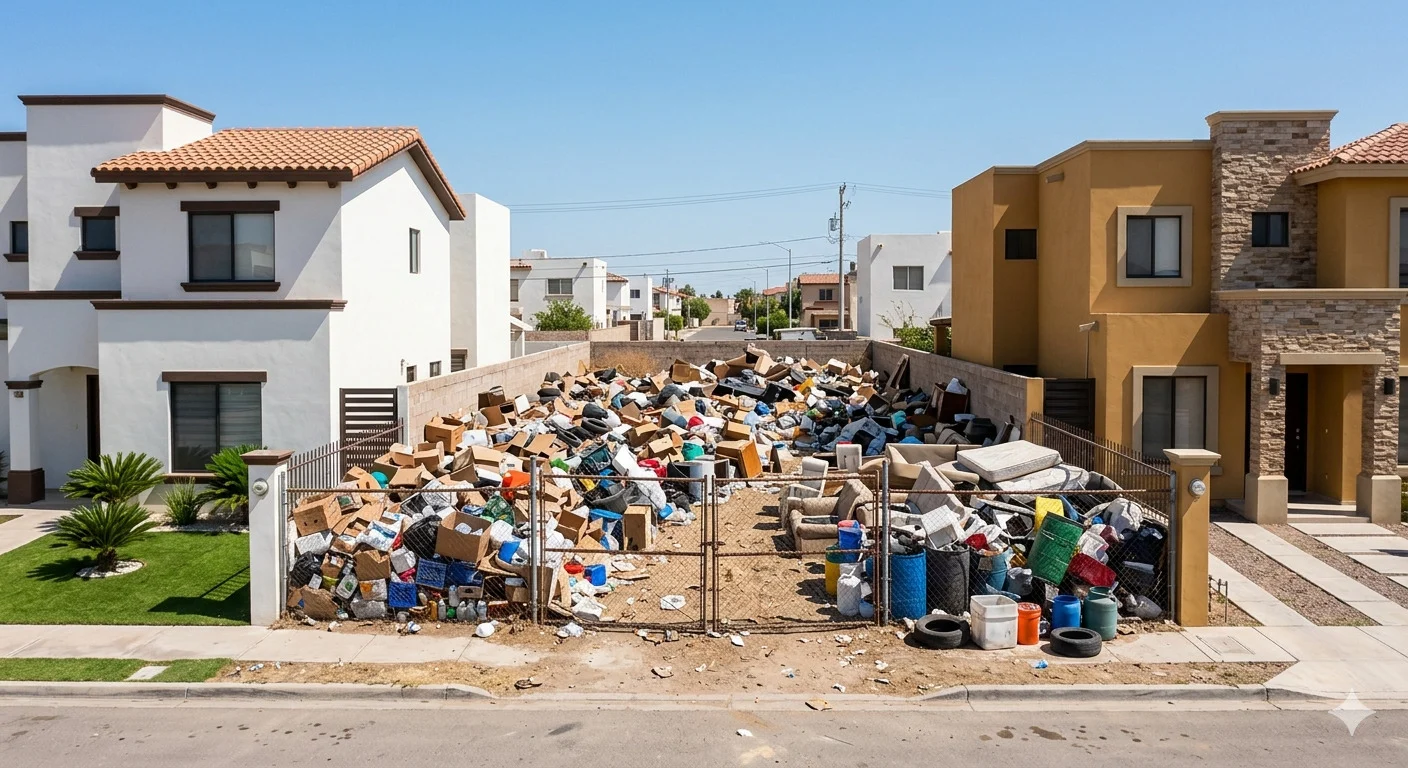Un solar residencial lleno de basura acumulada entre dos casas modernas.